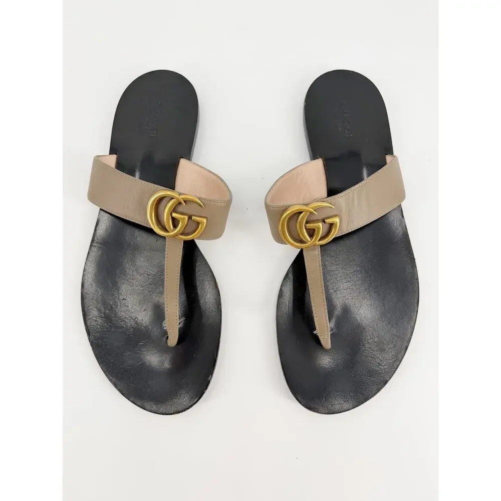 Gucci Marmont Black Leather Double G Logo Thong Sandals Flat Size 39 EU 9